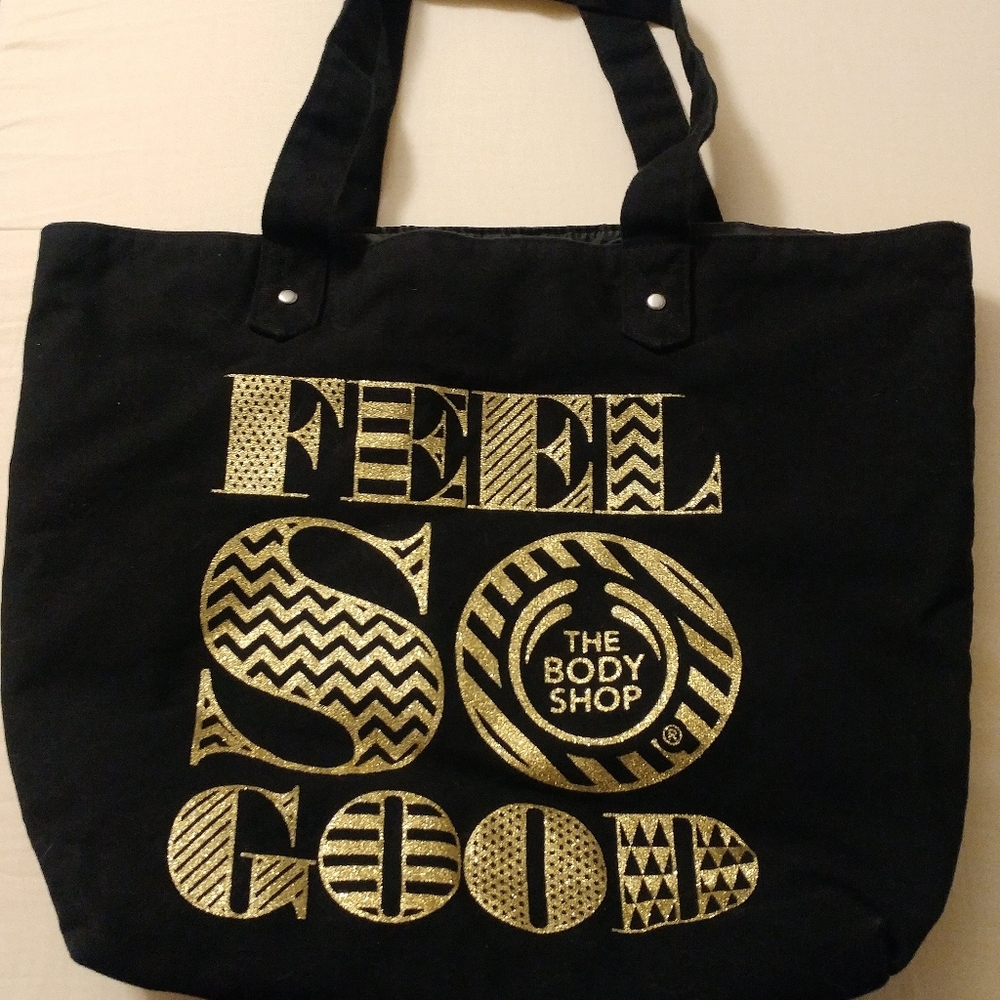 Body Shop Black Tote with Gold Glitter Lettering